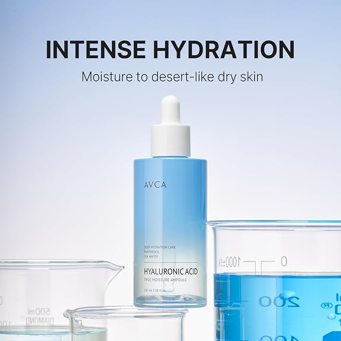 AVCA Moisture Hyaluronic Acid Serum 100ml (3.38 fl oz) – Deep Hydrating Face Serum for Dry Skin with 8-Type HA, Panthenol & Deep Sea Water for Lightweight, Non-Sticky Moisture