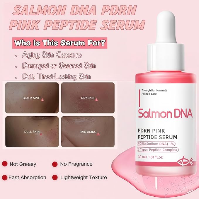 Salmon DNA Pink Peptide & PDRN Serum with 5 Peptides Complex, Anti-Aging Face Serum for Wrinkles, Firming & Hydrating, Brightening & Improving Skin Tone, Korean Recipe, 30ml