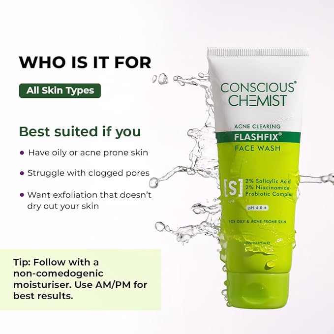 Conscious Chemist® 2% Salicylic Acid Face Wash | 100ml | Face Wash for Oily & Acne Prone Skin for Men & Women, Glycolic Acid & CICA Extract, For Glowing & Radiant Skin, Vegan & Cruelty Free - Flashfix