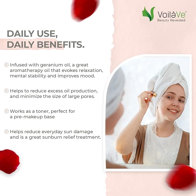 VoilaVe Organic Rose Oil for Face, Hair & Body - Hydrating Moisturizer for Dry Skin, Scalp, Nails & Cuticles - Reduces Wrinkles, Fine Lines, Scars - Infused with Rose Petals & Bergamot - 4 Fl Oz
