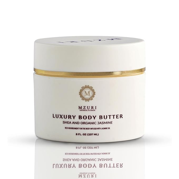 MZURI Body Butter, Whipped Shea and Jasmine Blend, Fast-Absorbing, Deep Moisturizing Cream with Essential Oils, Non-Greasy, Natural Skincare for Dry, Glowing Skin, Organic Butter - 8 Fl. Oz