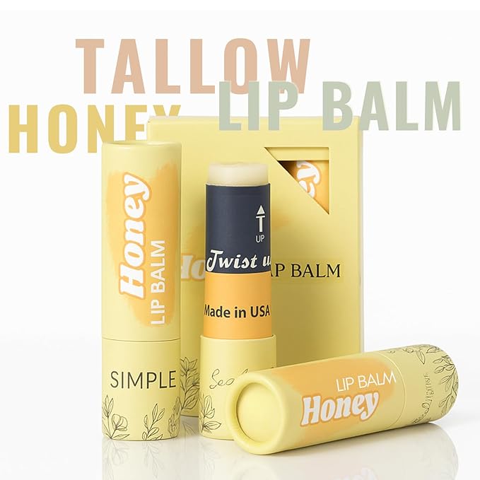Natural Honey Lip Balm - 100%-grassfed Beef Tallow, Organic Raw Honey & Argan Oil - Ultra Moisturizing, Conditioning, No Paraffin, Non Toxic, all Natural - 3 Pack (3x0.15 oz) Untinted