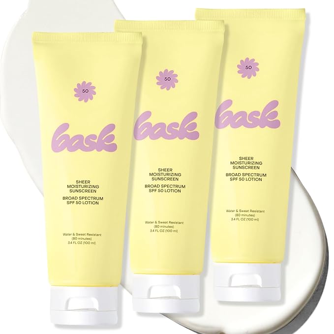 Bask Suncare SPF 50 Sheer Moisturizing Sunscreen Lotion - Broad Spectrum UVA/UVB Protection, Dermatologist Recommended, Hydrating, Lightweight & Non-Greasy, Travel Size (Value Pack of 3)