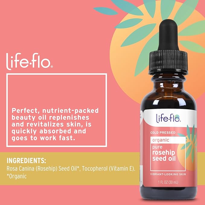 LIFE-FLO Pure Organic Rosehip Seed Oil, Hydrating Face Oil, Dry Skin Care, Cold Pressed from Organic Rose Hips, Rich in Fatty Acids and Vitamin A (Retinol), Hypoallergenic, 60-Day Guarantee, 1oz