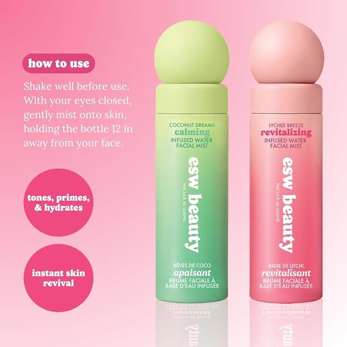 ESW Beauty Lychee Breeze Facial Mist - Hydrating Face Mist - Makeup Primer & Setting Spray - Scented Face Toner with Lychee Water, Lime, Green Tea & Caffeine 3.4oz