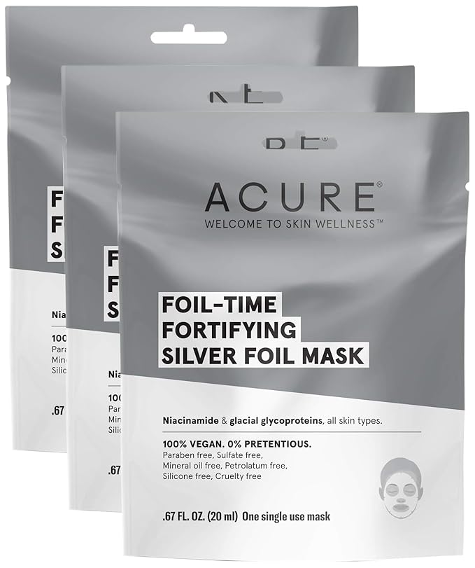 Acure Foil-Time Fortifying Silver Mask | 100% Vegan | Traps Heat to Open Pores For Superior Serum Delivery | Niacinamide & Glacial Glycoproteins - For Rejuvenated & Refreshed Apprearance | 1 Count