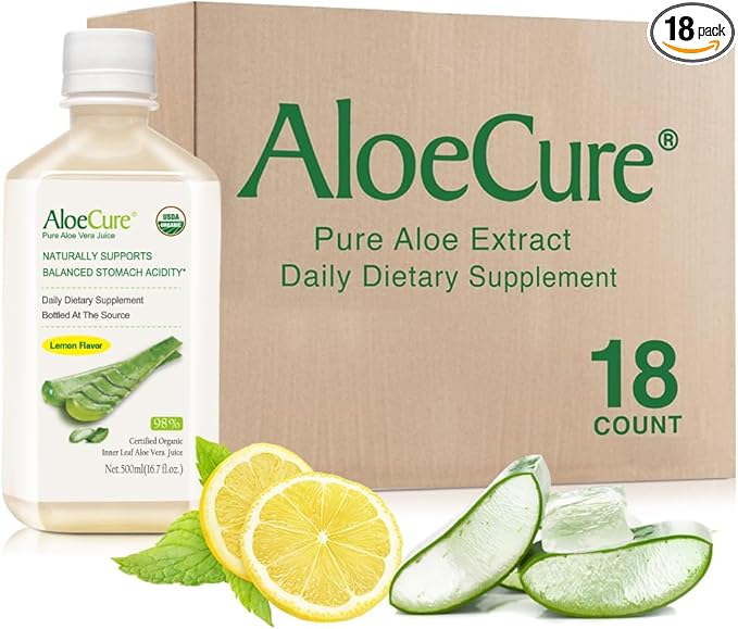 AloeCure USDA Organic Aloe Vera Juice Lemon Flavor - Made Within 12 Hours of Harvest - Natural Digestive Supplement for Balanced Stomach Acidity - Support Digestive and Immune Health, 18 Btls x 16.7oz