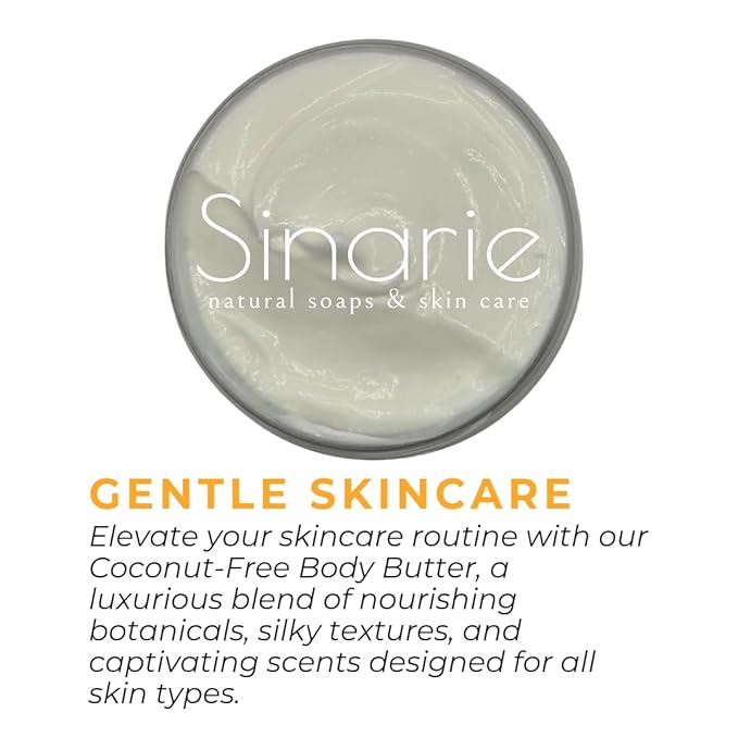 Sinarie Coconut-Free Body Butter | Luxurious Hydration with Shorea Butter, Evening Primrose Oil, Argan & Moringa Oil | Non-Greasy, Natural Ingredients | For Sensitive Skin (5.3 oz., Mango Bliss)