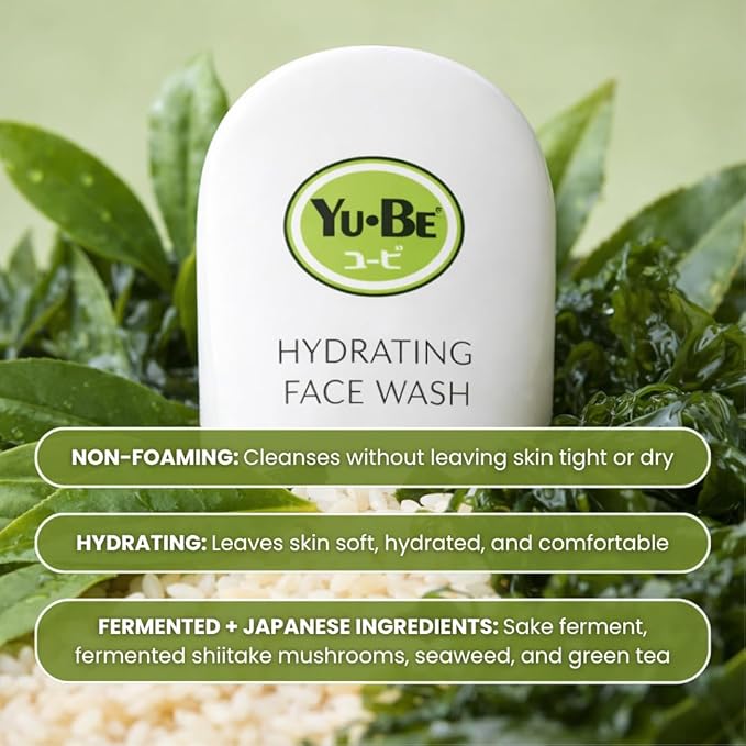 Yu-Be Hydrating Face Wash – Gentle Non Foaming Daily Calming Cleanser for Dry Sensitive Skin with Sake Kasu & Green Tea – Cleanses Deeply Without Stripping For Soft, Balanced Skin - 6.7 fl. oz.