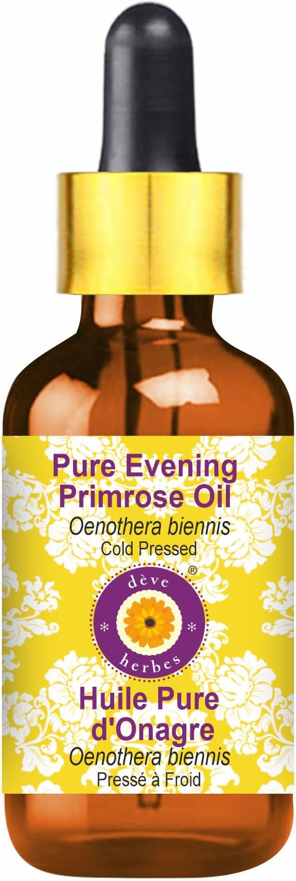 dève herbes Evening Primrose Oil (Oenothera biennis) with Glass Dropper | Cold Pressed | Pure | For Diluting Essential oils | Skin & Massage | Non-Sticky | Lightweight | Unisex | 5ml (0.16 oz)