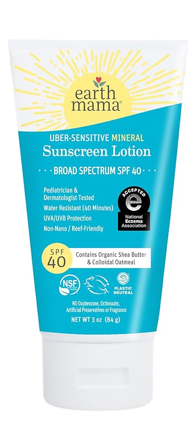Earth Mama Uber-Sensitive Mineral Sunscreen Lotion SPF 40 | Non-Nano Zinc, Contains Organic Colloidal Oatmeal | Steroid-Free Eczema Cream for Baby, Kid & Family, 3-Ounce