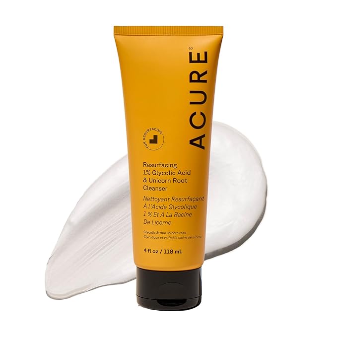 Acure Resurfacing 1% Glycolic Acid & Unicorn Root Cleanser - Exfoliating Face Wash, Glycolic Acid Cleanser for Face, Brightening Anti Aging Cream to Foam Facial Cleanser, Sulfate Free, Vegan - 4 fl oz