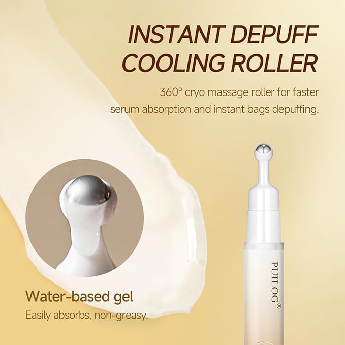 5% Caffeine Eye Cream for Puffy Eyes - Under Eye Brightener Serum Roller for Dark Circles Wrinkles Bags Puffiness, with 360° Massage Cooling Ball, Travel Toiletries (15ml / 0.51fl oz)