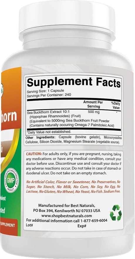 Best Naturals Sea Buckthorn Oil Powder Extract 10:1 500 mg 240 Capsules - Non-GMO, Gluten Free - Contains Naturally Occuring Omega-7 Palmetoleic Acid