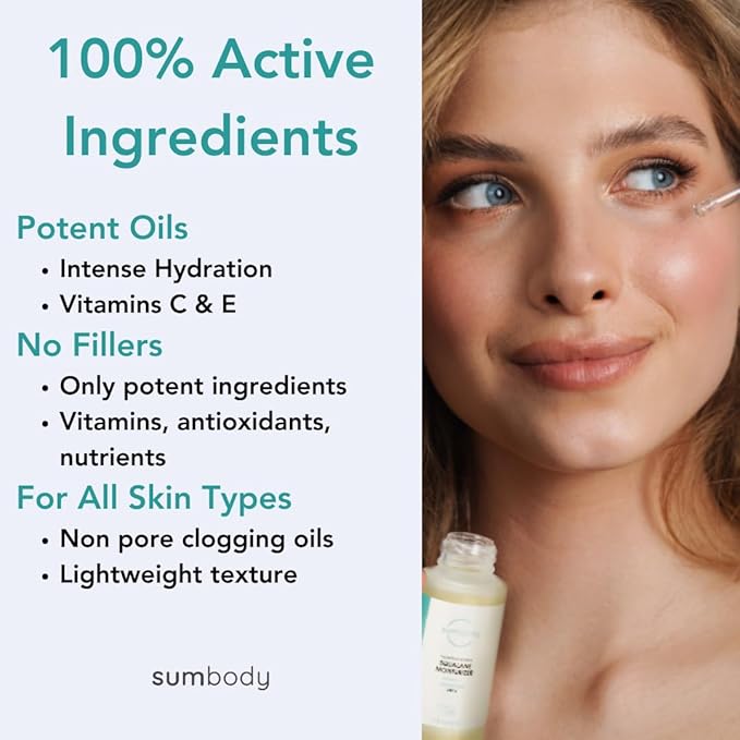 Sumbody Hydrating Squalane Oil Moisturizer - (30ml) Anti Aging Serum for Face Care, Serum for Women & Men, Vitamin C & Vitamin E Oil for Skin Care, Made in USA