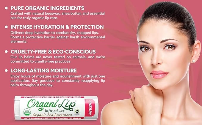 OrganiLip Lip Balm, Cherry Flavor, Ultra Hydrating Lip Moisturizer for Cracked or Dry Lips, Infused With Organic Sea Buckthorn, Oval Shaped Tube, USDA Certified Organic, 1 Pack