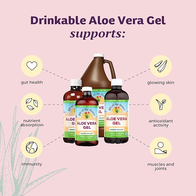 Lily Of The Desert Aloe Vera Gel - Inner Fillet Thicker Consistency Aloe Vera Drink with Natural Vitamins, Digestive Enzymes for Gut Health, Stomach Relief, Wellness, Glowing Skin, 32 Oz (Pack of 2)