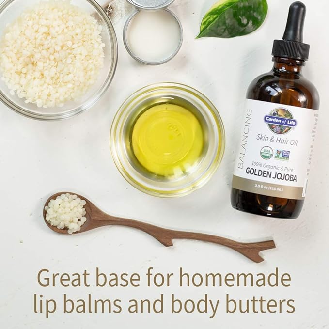 Garden of Life Jojoba Oil 100% Organic & Pure Golden Jojoba Oil for Hair, Skin and Face - Cold Pressed Body Oil, Massage, or Use as a Carrier Oil for Making Lip Balms & Body Butters, 4 fl