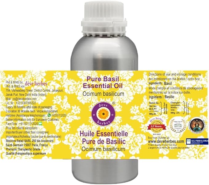 Deve Herbes Pure Basil Essential Oil (Ocimum basilicum) Steam Distilled 630ml (21 oz)