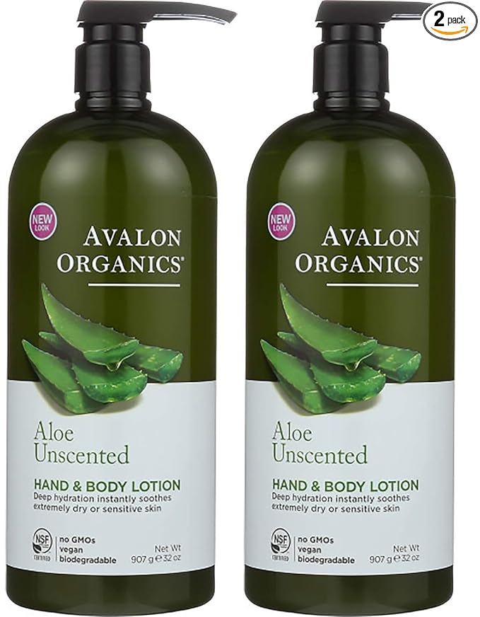 Avalon Organics Hand & Body Lotion, Aloe Unscented, 32 Oz- Pack of 2