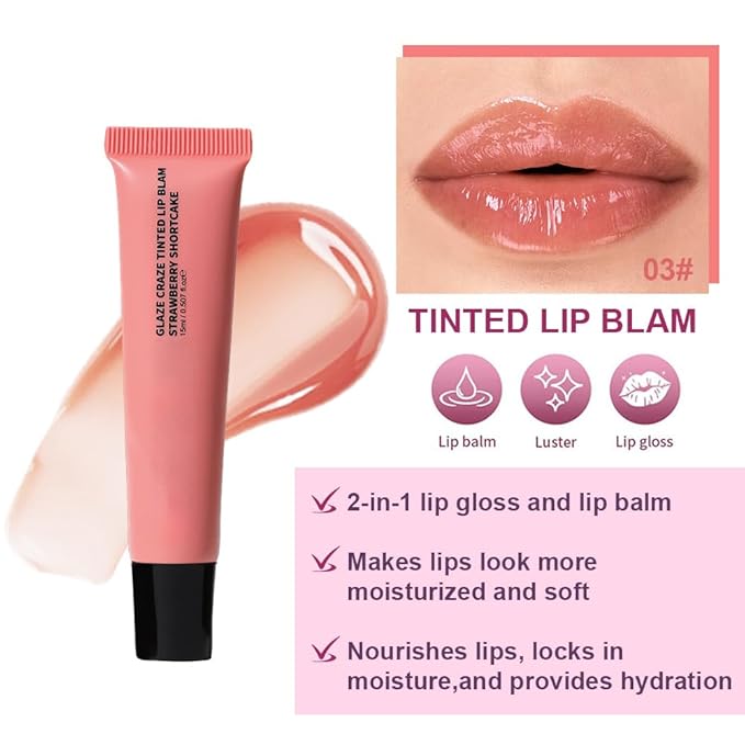 Light Gloss Tinted Buttery Lip Balm – Hydrating Lip Care with Nourishing Oils for Women’s Dry Lips, Natural Tint & Soft Gloss, Lip Plumper Moisture & Light Lip Stain Finish, Vegan #03 Strawberry Cake