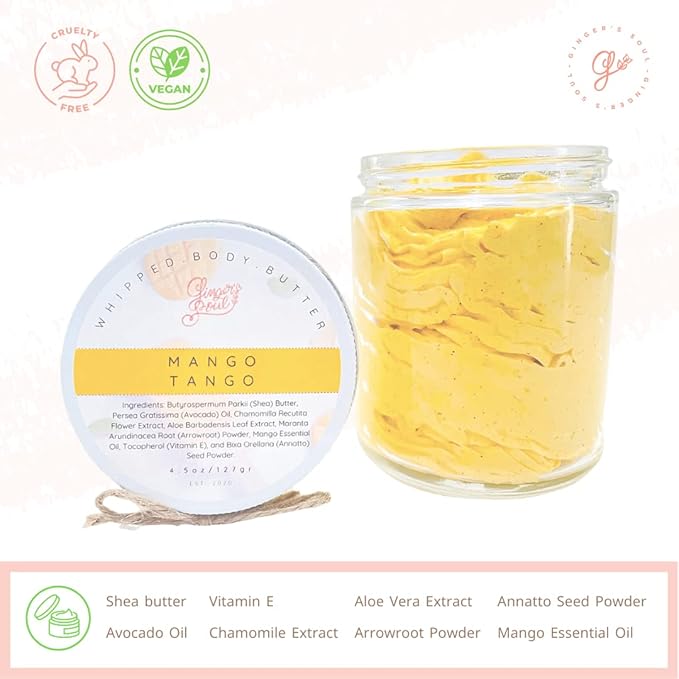 Ginger's Soul Whipped Body Butter, Mango Shea, Rich Moisturizer, 4.5 Oz