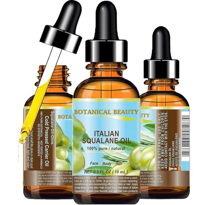 Botanical Beauty SQUALANE Italian Olive 100% Pure Natural Undiluted Oil 100% Ultra-Pure Moisturizer for Face, Skin, Body, Hair. Reliable 24/7 Skincare Protection (0.5 Fl Oz 15 ml)