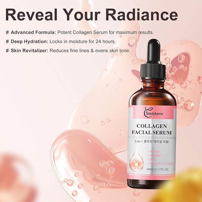 Collagen Facial Serum with Retinol,Vitamin C & Snail Mucin -2 fl.oz - Age-Defying & Balancing Essence - Deeply Hydrating & Enhancing Formula for Face and Neck - Daily Skin Care for a Supple Complexion