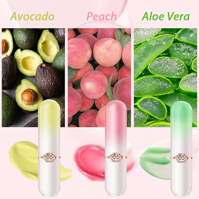 evpct 3Pcs Aloe Vera Avocado Peach Tinted Lip Balms Tint Stain Lipstick for Women PH Color Changing Lipstick Balm Stain Gift Set Queen Girls Korean Mood Long Lasting Color Change Light Pink Lipsticks