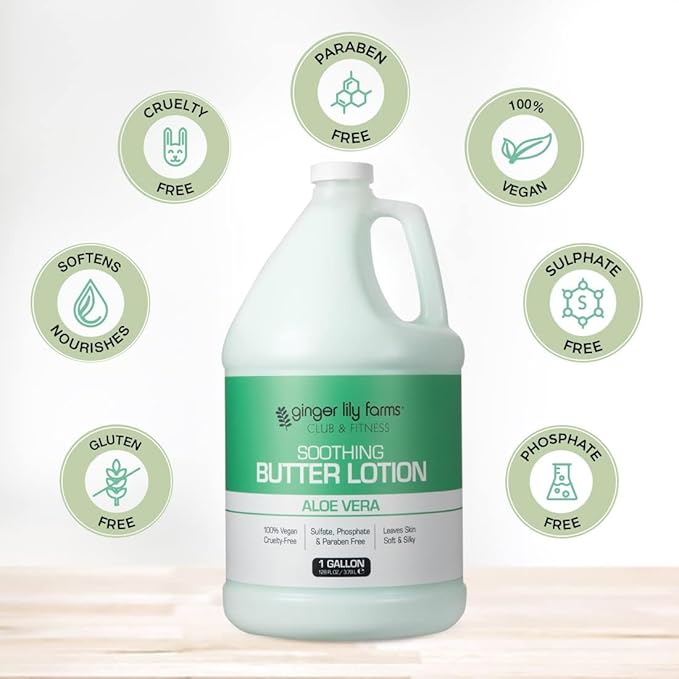 Ginger Lily Farms Club & Fitness Soothing Butter Lotion for Dry Skin, 100% Vegan & Cruelty-Free, Aloe Vera Scent, 1 Gallon (Pack of 4)