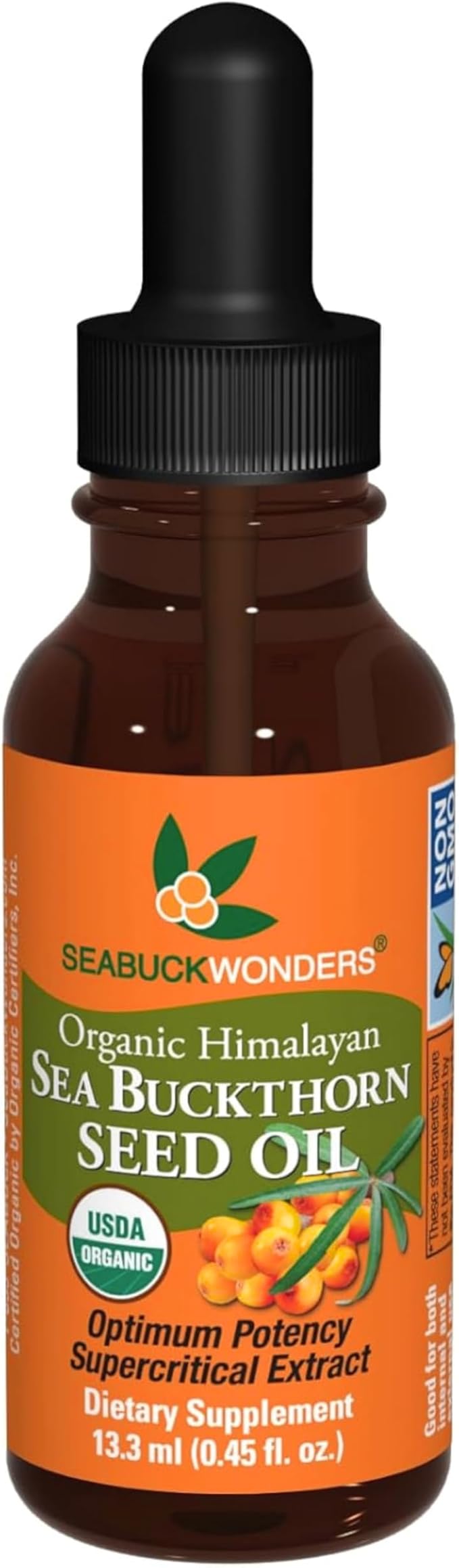 SEABUCKWONDERS Organic Sea Buckthorn Seed Oil, 0.45 Fl Oz, 13 Servings, with Omega 3, 6 & 9, Can Be Used Topically & Orally, Supports Hair, Skin & Nail Health