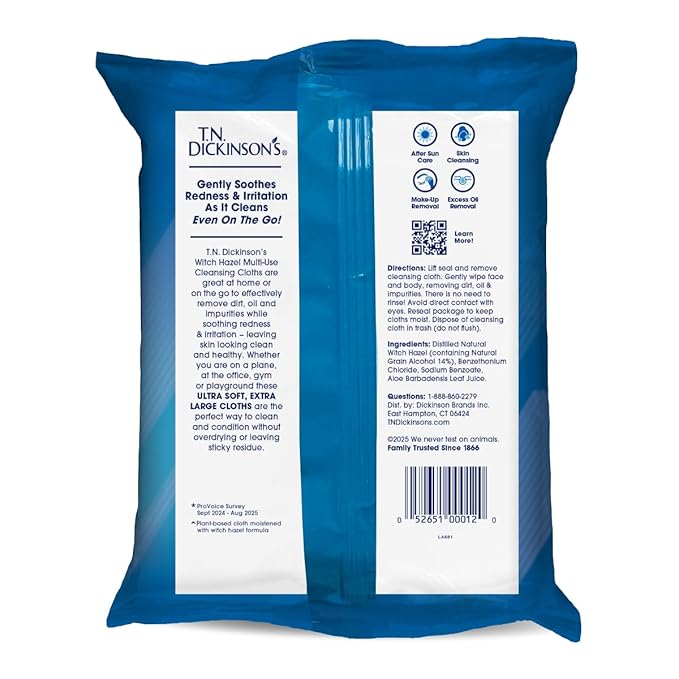 T.N. Dickinson's Witch Hazel Soothing Cleansing Cloths | Removes Dirt, Oil, Impurities | For Oily, Irritated, Red, Damaged, Blemished, Sensitive Skin | 25 Total Wipes