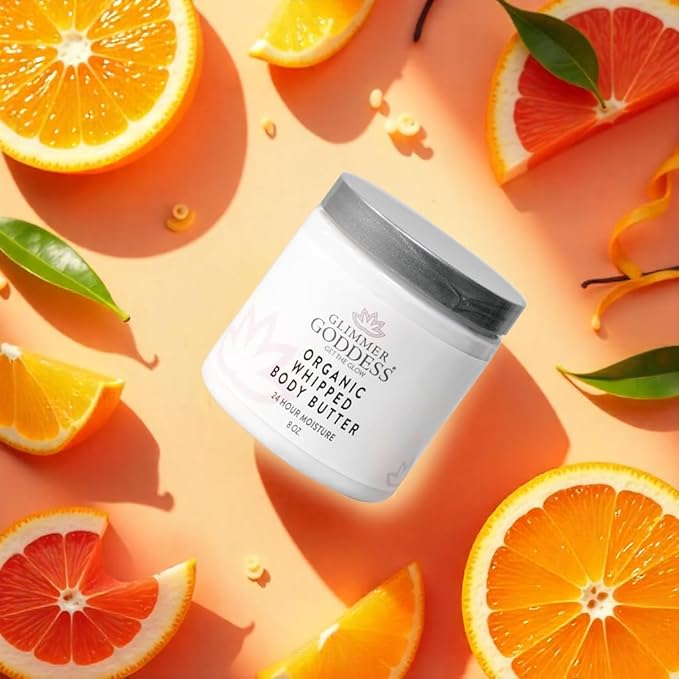 GLIMMER GODDESS Organic Whipped Body Butter, All-Natural Moisturizing, Anti-Aging & Brightening, Made with Organic Shea Butter, Coconut Oil, Cocoa Butter, Essential Oils, Citrus Crush