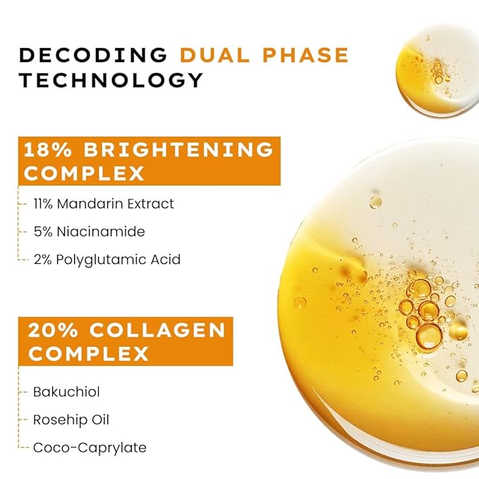 Hyphen 18% Brightening + 20% Collagen Face Serum | Double Serum with 11% Mandarin 5% Niacinamide 2% PGA & Bakuchiol | Winter Skincare | Brightening, Hydrating & Collagen Boost for Dry Skin - 50ml