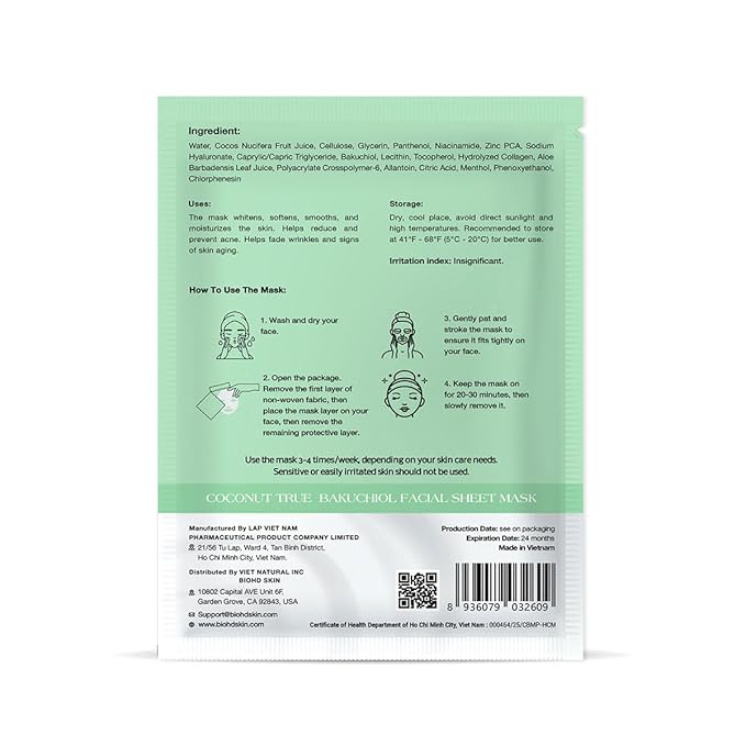 Premium Coconut Bakuchiol Facial Sheet Mask – Plant-Based Retinol Alternative – Hydrating & Anti-Aging True Cellular Mask – 3 Sheets/Box