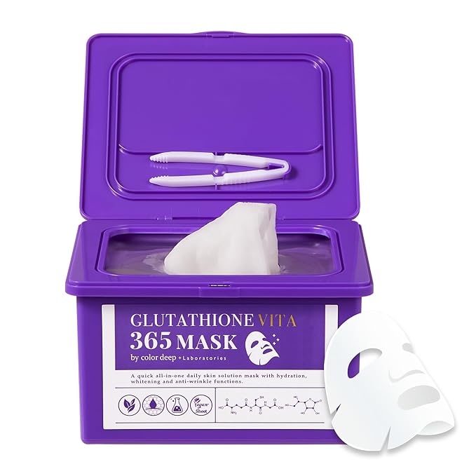 Color Deep Glutathione Vita 365 **Facial Sheet Mask** (30 Count) | Daily Hydrating Vegan Mask with Glutathione, Niacinamide & Vitamin C Complex for Radiant Skin