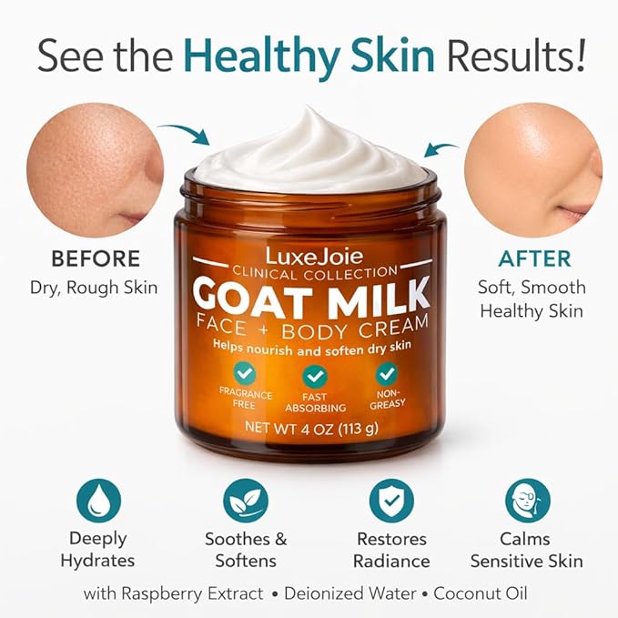 LuxeJoie Goat Milk Face Cream – Fragrance Free Moisturizer for Dry & Sensitive Skin – Fast Absorbing Non Greasy Hydration – Gentle Goat Milk Face & Body Lotion with Shea Butter – 4 oz