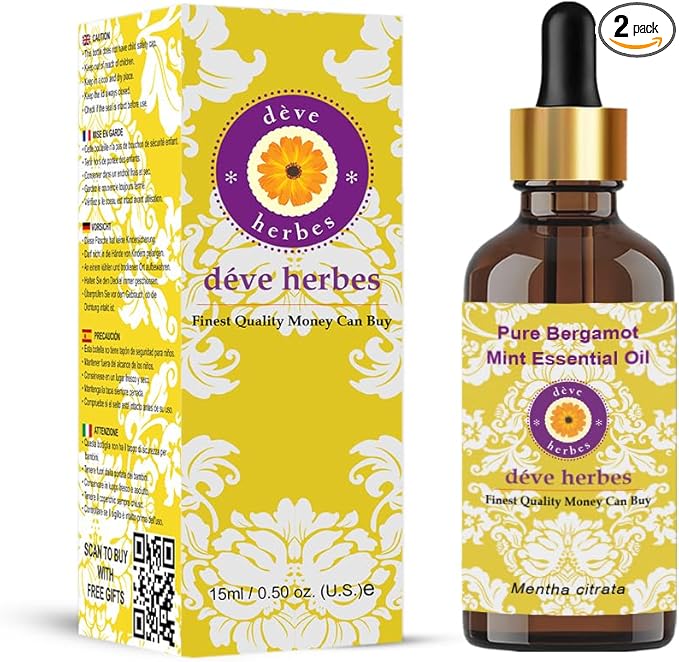 Deve Herbes Pure Bergamot Mint Essential Oil (Mentha citrata) with Glass Dropper Steam Distilled 15ml (0.50 oz)