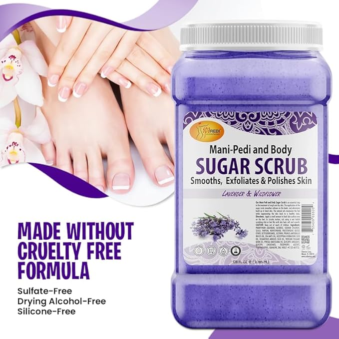 SPA REDI – Sugar Body Scrub, Lavender and Wildflower, 128 Oz Exfoliating, Moisturizing, Hydrating and Nourishing, Glow, Polish, Smooth and Fresh Skin - Body Exfoliator