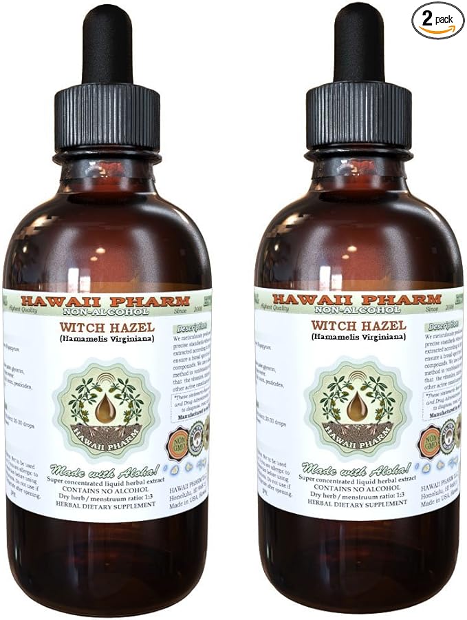 Hawaii Pharm Witch Hazel Alcohol-Free Liquid Extract, Witch Hazel (Hamamelis Virginiana) Dried Leaf Glycerite Natural Herbal Supplement, USA 2x4 fl.oz