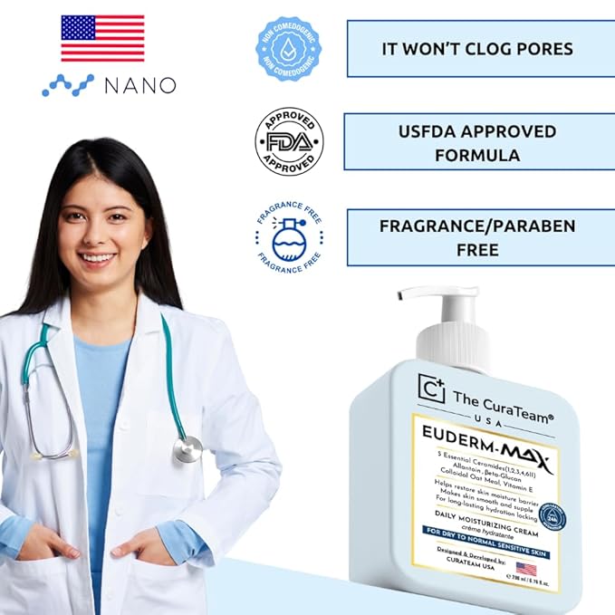 The Cura Team Moisturizing Cream for Face, Daily Hydration for Dry Sensitive Skin, with 5 Ceramides, Hyaluronic Acid & Beta Glucan, Fragrance Free, Non-Greasy, 6.76 fl oz