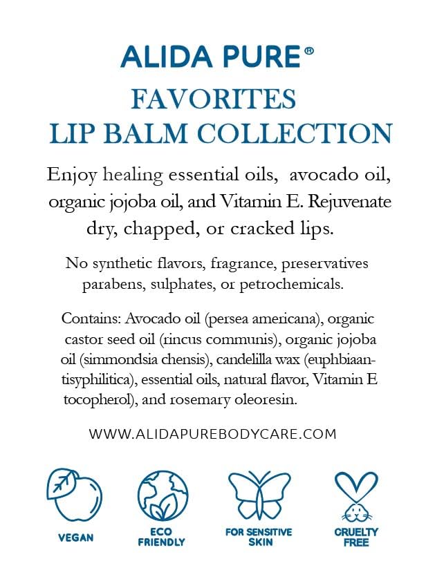 Favorites Lip Balm Collection, Vegan Set, Bees Wax Free, Coconut Oil Free, with Organic Jojoba and Avocado Oil, Vitamin E, Natural Moisturizer For Dry Cracked Lips, 3 Tube Set