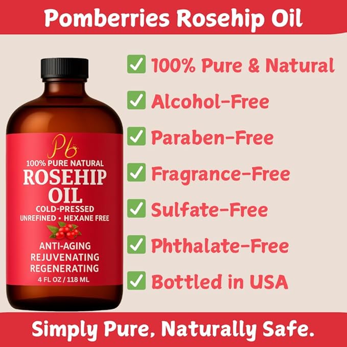 Pomberries Rosehip Seed Oil – Cold-Pressed & Unrefined, Rosehip Oil for Face, Skin & Hair – Rose Hip oil for Scars, Wrinkles, Stretch Marks, Daily Hydration & Gua Sha Massage, 4 fl oz