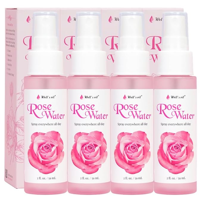 Well's Oil Rosewater Face & Hair Mist Spray (2 fl oz / 59 mL) | 4-Pack | Floral Rosewater Hydrosol | Alcohol-Free