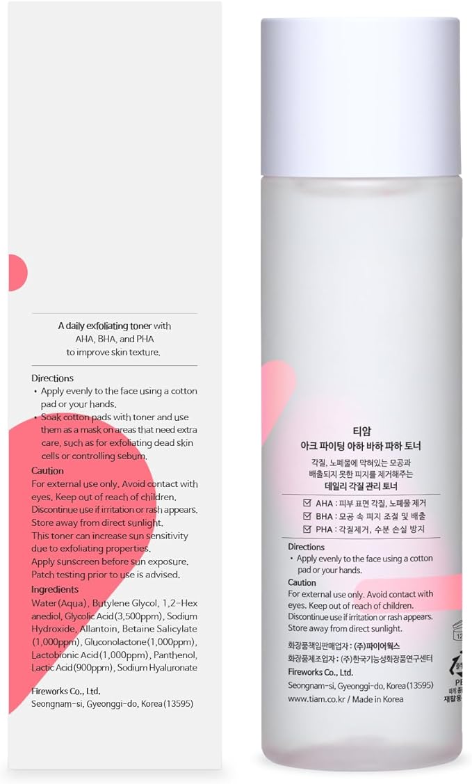 TIAM AC Fighting AHA BHA PHA Toner, 6.08 fl oz, Gentle Exfoliating Toner for Pore Care & Skin Texture with Panthenol, Suitable for All Skin Types, Korean Skin Care