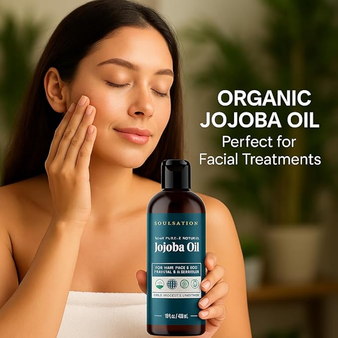 SOULSATION Organic Jojoba Oil for Skin, Hair & Face (16oz) | 100% Pure, Natural Cold Pressed | Organic, for Skin, Hair, Face, 100% Pure, Natural