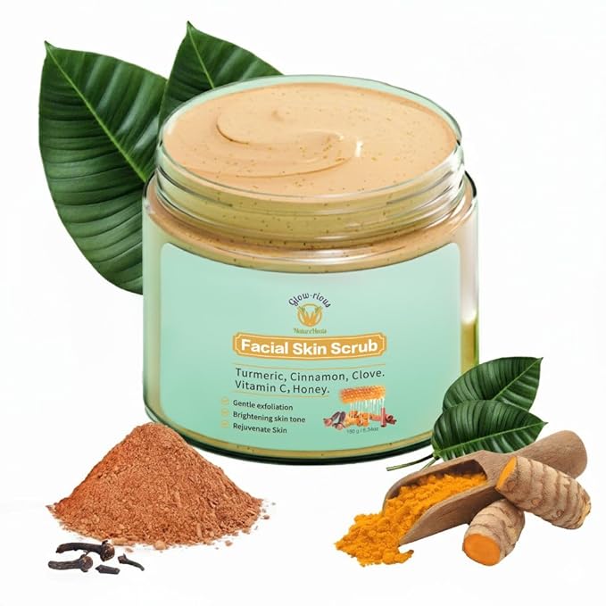 Glow-Rious Turmeric Face Scrub with Vitamin C & Honey - Gentle Exfoliating Facial Scrub for Skin & Even Tone - with Cinnamon & Clove - 100g/3.52oz