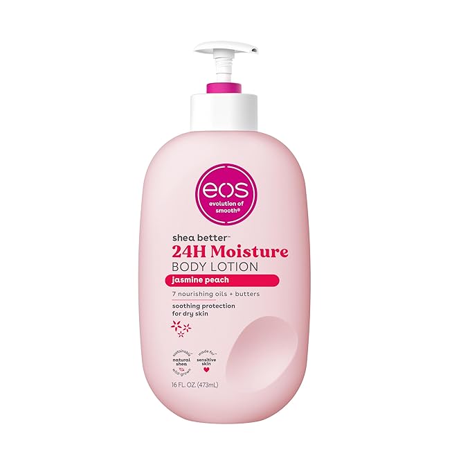 eos Shea Better Body Lotion- Jasmine Peach, 24-Hour Moisture Skin Care, Lightweight & Non-Greasy, Made with Natural Shea, Vegan, 16 fl oz (Pack of 3)