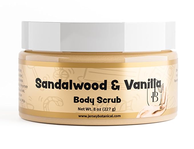 Jersey Botanical Shea Sugar Body Scrub – Exfoliating, Hydrating & Moisturizing Skin Care with Shea Butter, Smooth & Soften Skin, 8 oz (Sandalwood & Vanilla)