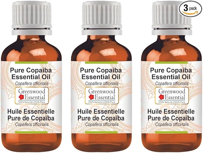 Greenwood Essential Pure Copaiba Essential Oil (Copaifera officinalis) Steam Distilled (Pack of Three) 100ml X 3 (10.1oz)